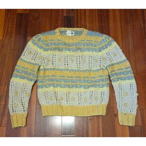 Vintage 80s 90s Hand Knit Striped Crewneck Sweater Yellow Gray Cottagecore Korea